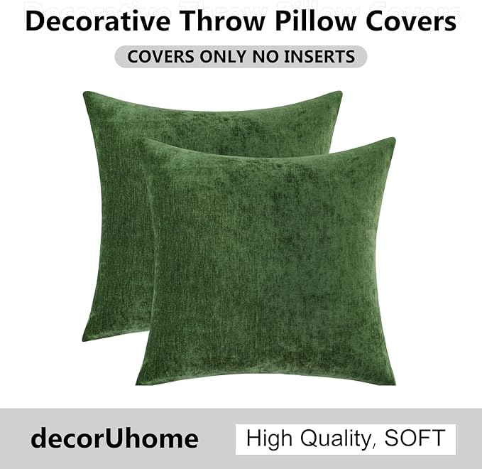 decorUhome Chenille Moss Green Fall Throw Pillow Covers 24x24 Inch Set of 2, Decorative Soft Couch Pillow Covers Solid Dyed Accent Velvet Farmhouse Neutral Square Christmas Pillow Cases for Sofa