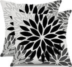 DFXSZ Black Grey Flower Pillow Covers 16x16 Inch Set of 2 White Gray Colored Throw Pillows Outdoor Waterproof Decor for Living Room Sofa Patio Funiture Garden Floral Polyester Pillow Covers 002I16