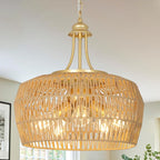 Gold Rattan Chandelier for Dining Room, 5-Light Boho Dining Room Light Fixture with Wicker Lampshade, Large Brass Pendant Hanging Light, Farmhouse Kitchen Chandelier for Island Bedroom Living Room