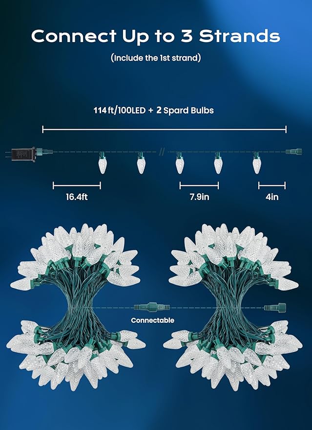Minetom C9 Christmas Lights Outdoor, 100 FT 150 LED Connectable C9 String Lights with 8 Modes and Timer Extendable Xmas Tree Patio Roofline Garden Yard Holiday Party Indoor Outdoor Decoration, White