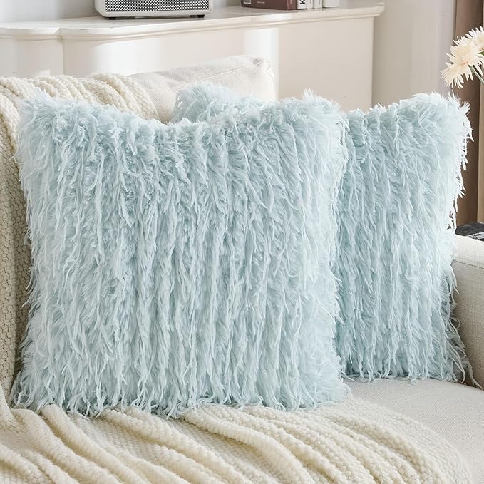 FUTEI Light Blue Decorative Throw Pillow Covers 22x22 Inch Set of 2,Soft Fluffy Faux Feather Texture Cushion Cases,Modern Home Luxury Decor for Couch Bed Living Room