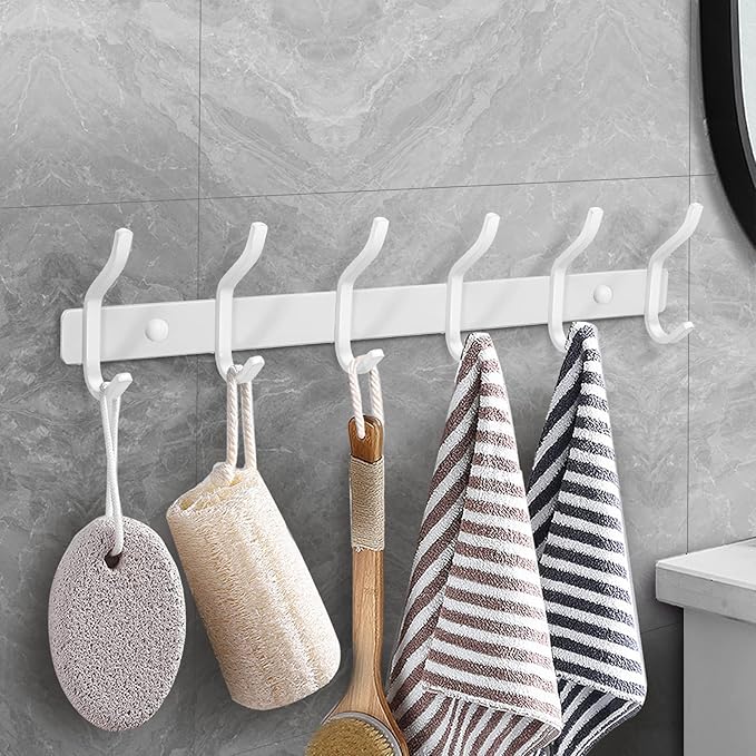 White Wall Hooks Heavy Duty, 17 Inch Coat Hooks Wall Mount with 6 Hooks,2 Packs Wall Hooks Hangers for Entryway, Bathroom - for Hanging Backpack, Bag, Coat, Purse, Hat, Towel, Clothes
