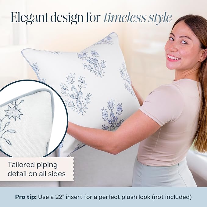 “The Mary” Periwinkle Floral Block Print Pillow Cover – Blue and Off-White Decorative Throw Pillow Cover – Grandmillennial Home Decor, 19" x 19"