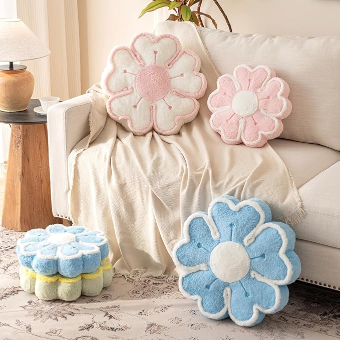 Flower Shaped Decorative Throw Pillow Cushion for Bed Couch, Cute Flower Plush Throw Pillows Home Decor Floor Pillow Seating Cushions (Blue, 17.7 Inches)