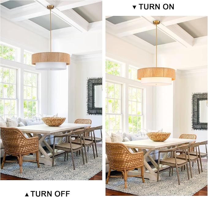 24'' Farmhouse Rattan Chandeliers for Dining Room,3-Light Boho Light Fixtures Rattan Pendant Light Fixture with Fabric Shade Drum Chandeliers for Bedroom Dining Room Foyer Kitchen Hallway