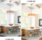 24'' Farmhouse Rattan Chandeliers for Dining Room,3-Light Boho Light Fixtures Rattan Pendant Light Fixture with Fabric Shade Drum Chandeliers for Bedroom Dining Room Foyer Kitchen Hallway