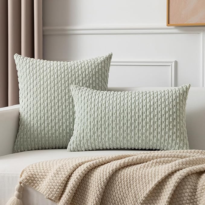 Kevin Textile Pack of 2 Corduroy Decorative Throw Pillow Covers 16x16 Inch Spring Soft Boho Striped Pillow Covers Modern Farmhouse Home Decor for Spring Sofa Living Room Couch Bed Light Green