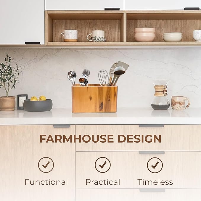Wooden Utensil Holder for Kitchen Counter, 3 Compartments, Rectangle & Handles, Spatula Spoon Cooking Gadgets Tools Organizer, Large Utensil Crock