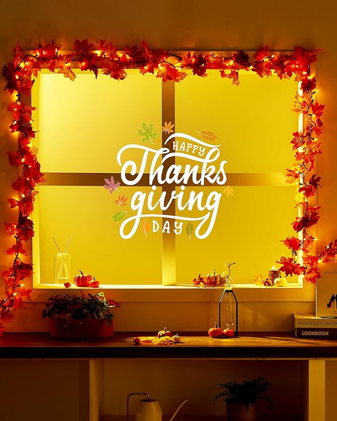 VCOKEN 11FT Fall Garland With Lights - 50 Bulbs Connectable Maple Leaves With Pumpkin, Plug-in Decor for Outdoor Indoor Halloween Thanksgiving Holidays