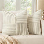 MIULEE Beige Corduroy Pillow Covers Pack of 2 Boho Decorative Spliced Throw Pillow Covers Soft Solid Couch Pillowcases Cross Patchwork Textured Cushion Covers for Living Room Bed Sofa 20x20 inch