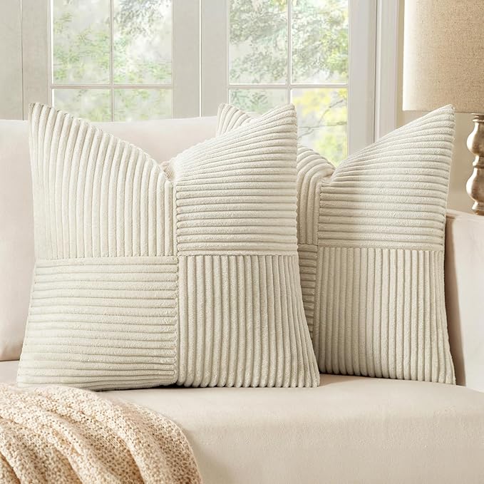 MIULEE Beige Corduroy Pillow Covers Pack of 2 Boho Decorative Spliced Throw Pillow Covers Soft Solid Couch Pillowcases Cross Patchwork Textured Cushion Covers for Living Room Bed Sofa 16x16 inch