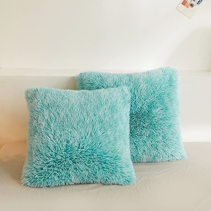 XeGe 2 Pieces Faux Fur Throw Pillow Covers, Shaggy Fluffy Cushion Covers, Cute Fuzzy Decorative Pillow Covers, Plush Furry Velvet Pillowcases for Bed Couch Living Room (18''x18'', Aqua Ombre)