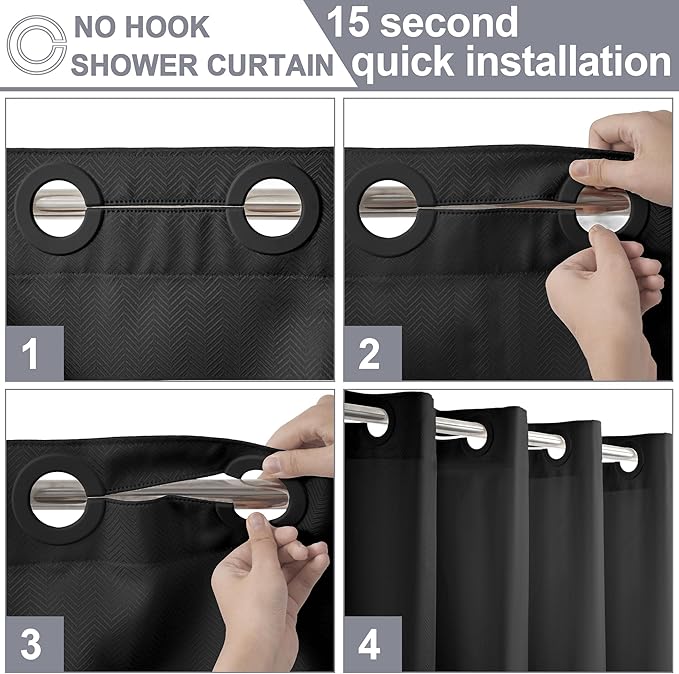 No Hook Shower Curtain, Black Modern Chevron Striped Luxury Hotel Style, Washable Waterproof Fabric for Bathroom, 15 Seconds Quick Install, 72W x 74L Inches