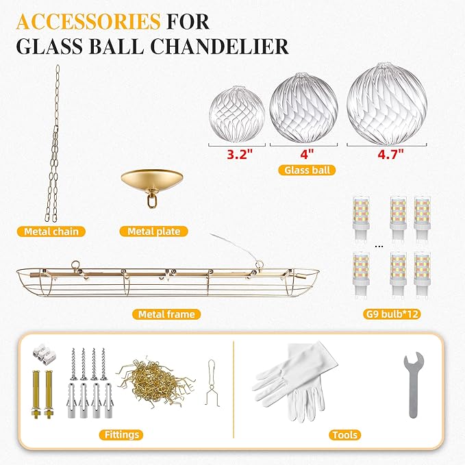 Nordic Bubble Ball Swirled Glass Chandelier, 62 inch Long Rectangular Chandeliers Island Light Fixture for Dining Table Living Room