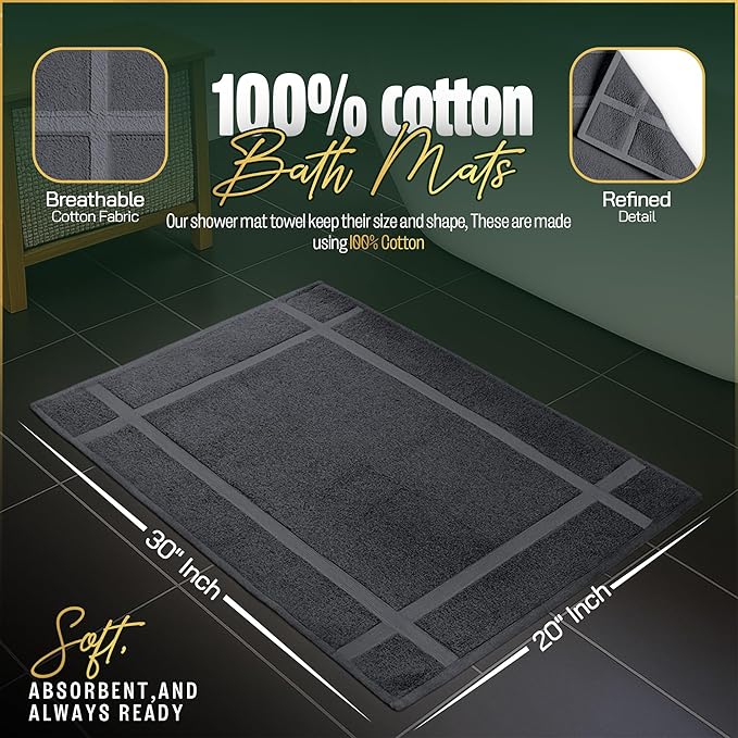 Pearl Linens Pack of 2 Washable Cotton Bath Mat 20x30 - Soft & Absorbent Quick Dry Bathroom Mat Set, Not Bathroom Rugs After Shower Mat, Terry Bath Tub Mat, 687 GSM Dark Grey