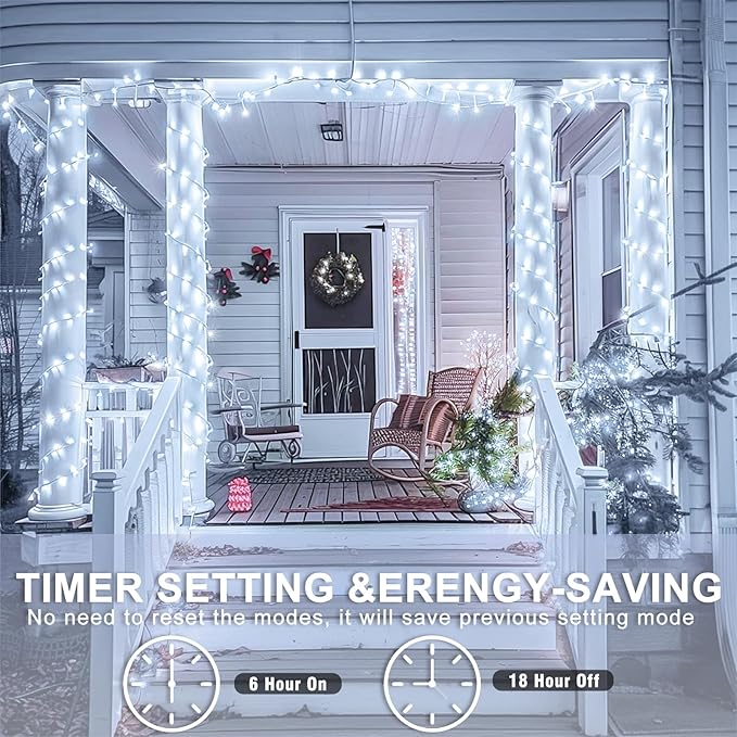 Christmas Lights Outdoor Waterproof, 8 Modes White String Lights for Bedroom Tree Patio Decor