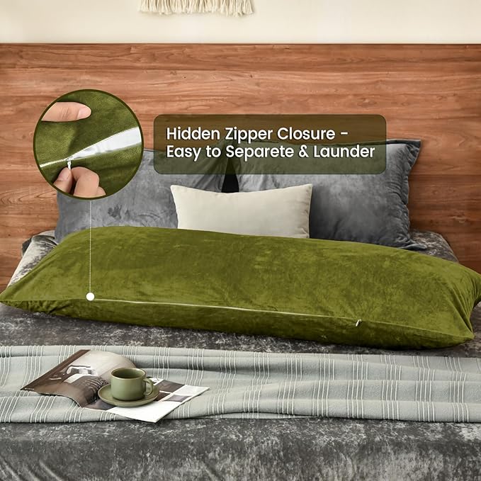 PHF Super Soft Velvet Zippered Body Pillowcase, No Insert, 1 Pack Luxury Cozy Warm Pillow Sham Cover with Zipper, 20"X 54" Long Cozy Fuzzy Flannel, Olive Green
