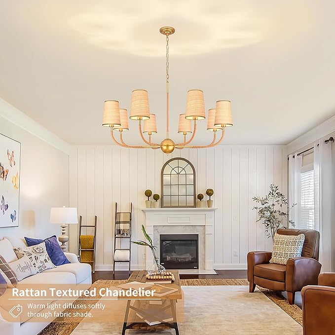 39" Gold Boho Rattan Chandelier for Living Room 8-Light Large Coastal Boho Pendant Light Fixture Bedroom Adjustable Rustic Farmhouse Chandeliers for Dining Room Kitchen Island Foyer