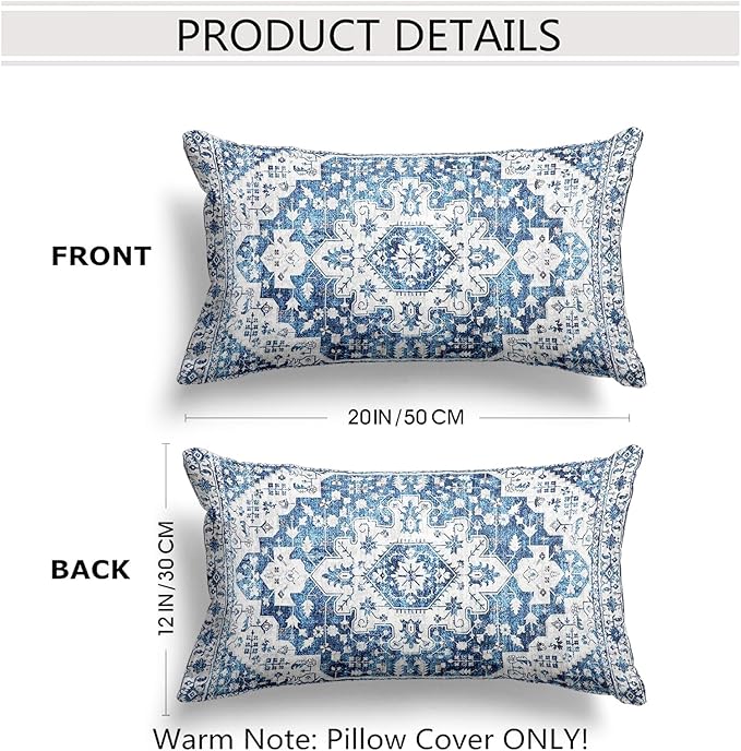 Snycler Boho Throw Pillow Covers 12x20 inch Set of 2 Blue Boho Rug Carpet Double Sided Pattern Cotton Soft Pillow Case Cushion Cover Pillowcase for Couch Sofa Bed Decorative
