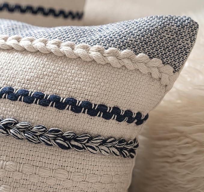 Boho Throw Pillow Covers 18x18 Inch Set of 2, Navy Blue Textured Decorative Couch Pillow Cases for Farmhouse Home Decor, Accent Cushion Cover for Sofa, Bed, Living Room, Bedroom