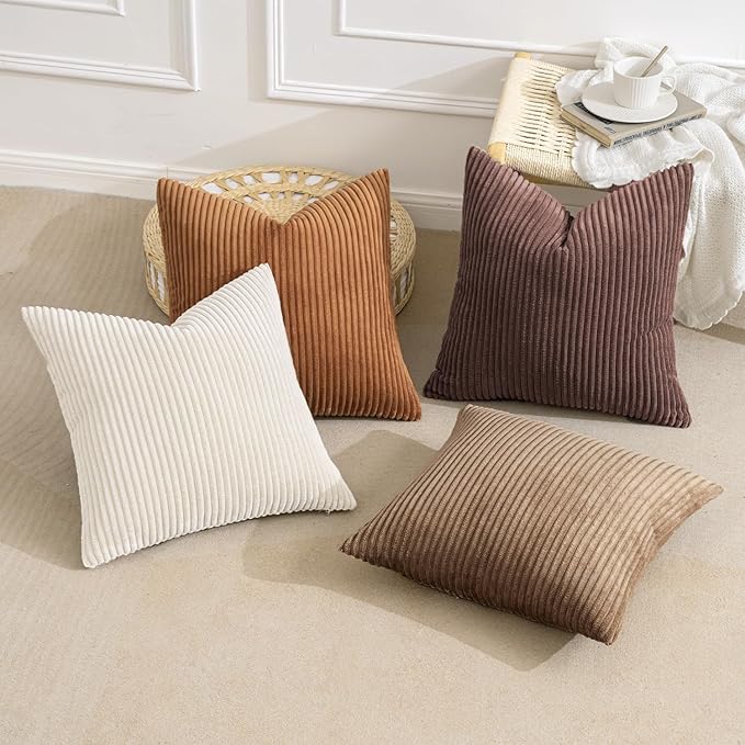 MIULEE Boho Farmhouse Fall Throw Pillow Covers 24x24 Inch Set of 4 Rustic Mordern Neutral Cushion Covers Soft Corduroy Nordic Home Decor for Couch Bed Sofa Living Room Brown