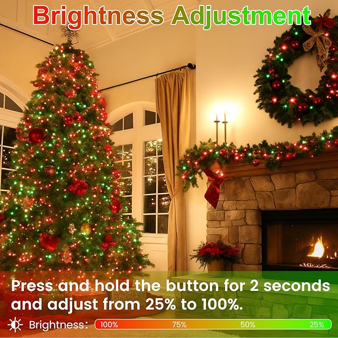 2 Pack Christmas String Lights Indoor Outdoor, Super Bright 66FT 200 LED String Lights Waterproof, 13 Modes Twinkle Xmas Lights with Timer for Christmas Tree Decorations (Red and Green)