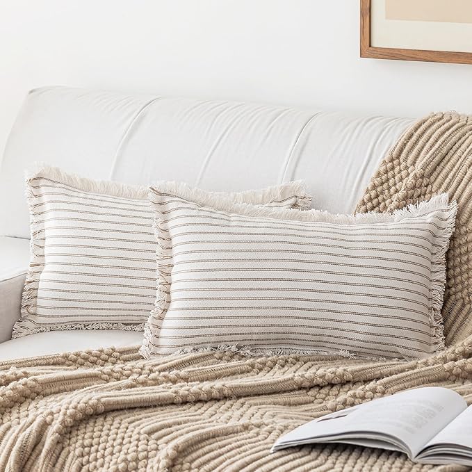 Throw Pillow Covers 12x20 Set of 2 Striped Fringe Pillow Cover Farmhouse Cushion Covers with Tassel Neutral Boho Pillows Decorative Square Pillowcase for Couch Sofa Bed, Khaki