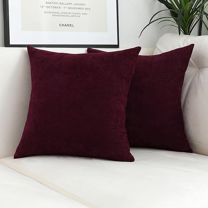 Jeneoo Burgundy Decorative Throw Pillow Covers Soft Chenille Comfy Solid Couch Cushion Case Decor (Set of 2, 18 x 18 Inches)