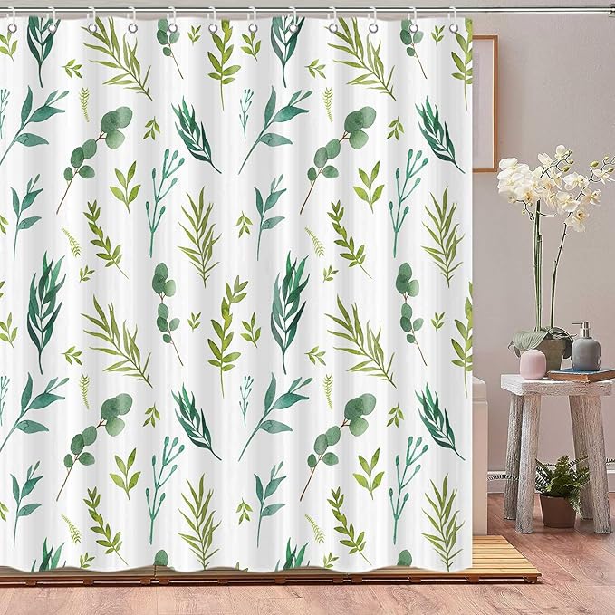 Green Leaves Shower Curtain, Watercolor Plant Floral Eucalyptus Leaf Bathroom Shower Curtain Sets, Botanical Decor Rustic Nature Art Boho Fabric Bath Curtain with Hooks 72x72 Inch