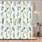 Green Leaves Shower Curtain, Watercolor Plant Floral Eucalyptus Leaf Bathroom Shower Curtain Sets, Botanical Decor Rustic Nature Art Boho Fabric Bath Curtain with Hooks 72x72 Inch