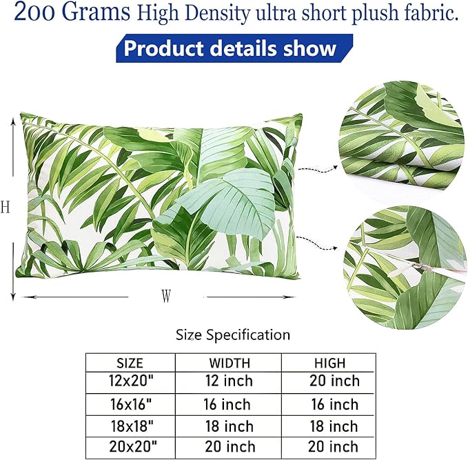 Decorative Throw Pillow Covers Set of 2 Green Leaves of Tropical Pillow Covers 12x20 inch Super Soft Short Plush Square Throw Pillows,Farmhouse Outdoor Pillow Covers for Couch Living Room