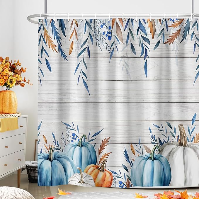 Boho Fall Shower Curtain, Blue Pumpkin Thanksgiving Harvest Shower Curtain for Bathroom, Rustic Autumn Pumpkin Leaves Wood Board Bath Curtains with 12PCS Hooks 72 X 72 in, Blue Orange