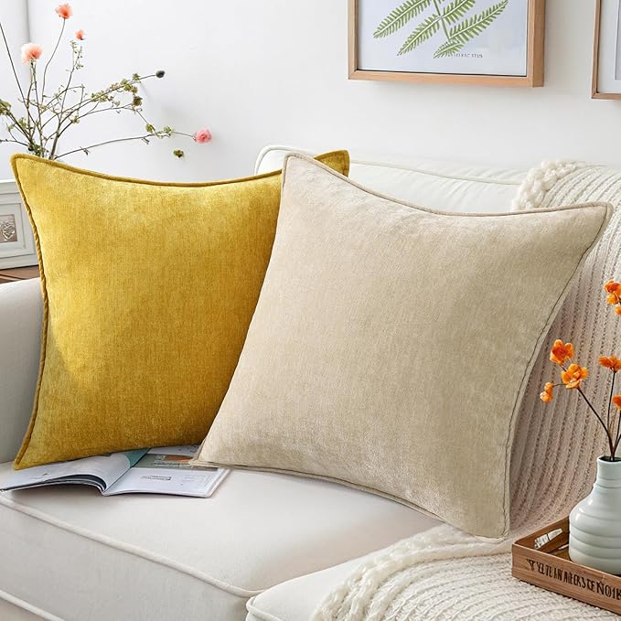 decorUhome Couch Throw Pillow Covers 20x20 Set of 2, Decorative Soft Euro Neutral Chenille Pillow Covers with Elegant Design for Sofa Bed Living Room Home Decor, Beige