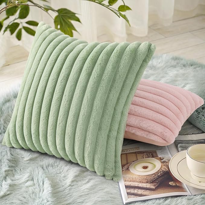 decorUhome Faux Fur Christmas Throw Pillow Covers 16x16 Set of 2, Decorative Soft Plush Striped Neutral Couch Euro Pillow Covers with Velvet Back for Sofa, Bed, Living Room Home Decor, Sage Green