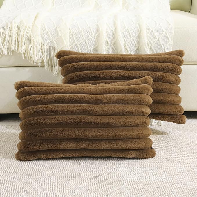 FUTEI Tan Striped Decorative Throw Pillow Covers 12x20 Inch Set of 2,Rectangle Winter Decorations Couch Lumbar Pillowcase,Soft Cozy Faux Rabbit Fur & Velvet Back,Modern Home Decor for Bed