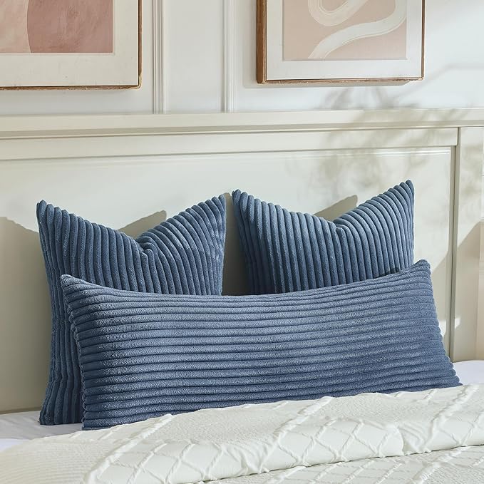 Fancy Homi Set of 2 Dusty Blue Boho Decorative Throw Pillow Covers 24x24 Inch for Couch Bed Sofa, Aesthetic Modern Bohemian Room Decor, Soft Fuzzy Fluffy Cozy Corduroy Textured Cushion Case 60x60cm
