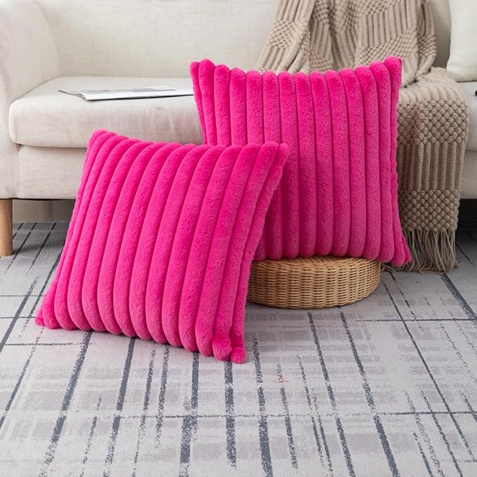 ZLINA Set of 2 Hot Pink Faux Fur Decorative Throw Pillow Covers Fluffy Striped Pillowcase Cushion Covers 20 x 20 Inch Decor Sofa Couch Bedroom