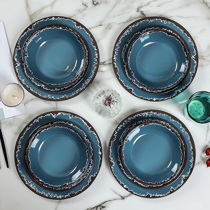 Melamine Dinnerware Set - Yinshine 12-Piece Dishes Set,Shatterproof Plates and Bowls Sets, Lightweight,Unbreakable,Dishwasher Safe,Blue