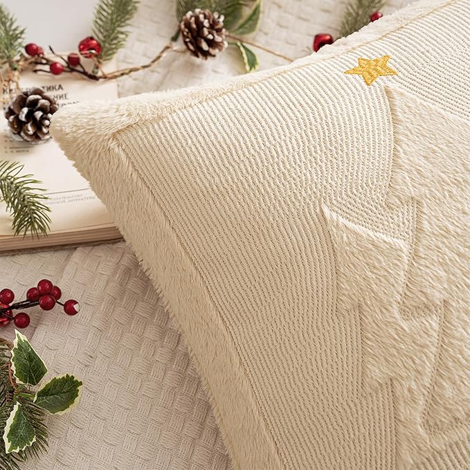 MIULEE Christmas Trees Pillow Covers Set of 2 Decorative Soft Throw Pillows Plush Faux Fur Wool Embroidered Couch Cushion for Holiday Winter Home Decor Chair Sofa Bedroom Living Room,Beige 20x20inch