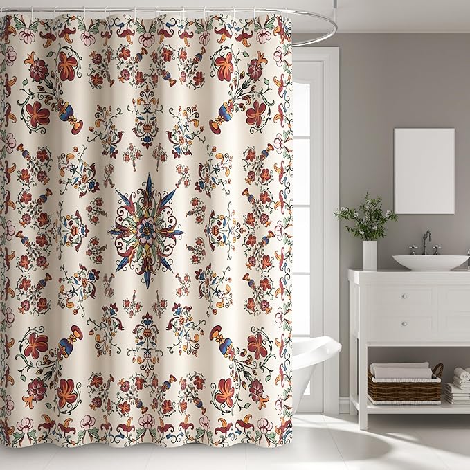 Boho Shower Curtain Floral Pattern Fabric Curtain for Bathroom Plant Theme Religion Floral Shower Curtain Sets Waterproof Decor 60x72Inch
