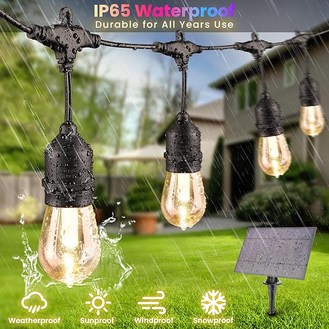 100FT(2x50FT) RGB Solar Outdoor String Lights with Remote, Multicolor&Warm White Dimmable Waterproof Patio Lights with 30 LED S14 Bulbs-Black