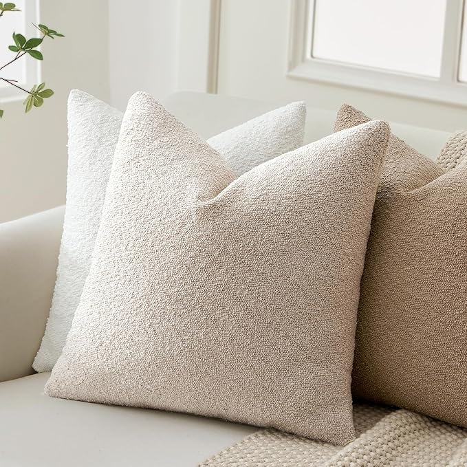 ANRODUO Pack of 2 Textured Boucle Throw Pillow Covers Soft Beige Euro Decorative Accent Solid Pillow Cases Cozy Modern Couch Cushion Case for Chair Sofa Bedroom Living Room Home Decor, 24 x 24 Inch