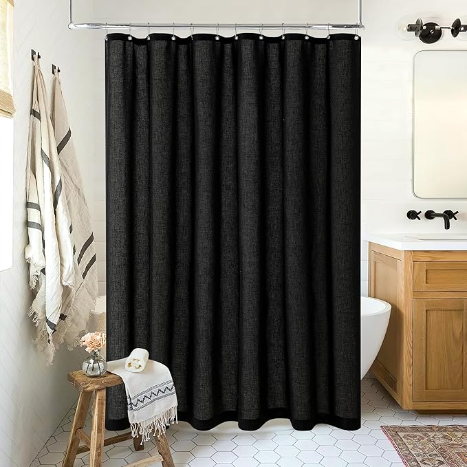 90 Inch Shower Curtain Linen Neutral Extra Long Shower Curtain for Bathroom Bath Drapes Modern Boho Shabby Chic Country Rustic Cloth Drapes Bathroom Decor Black 72x90