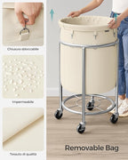 SONGMICS 29-Gallon (110 L) Laundry Basket with Wheels, Rolling Round Heavy-Duty Laundry Hamper Cart with Steel Frame and Removable Bag, 2 Locking Wheels, Cream White and Metallic Silver URLS002W01