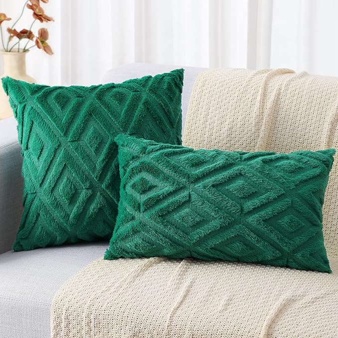 decorUhome Christmas Couch Throw Pillow Covers 22x22 Set of 2, Decorative Soft Plush Faux Wool Neutral Accent Pillow Covers for Bed Sofa Living Room, Green