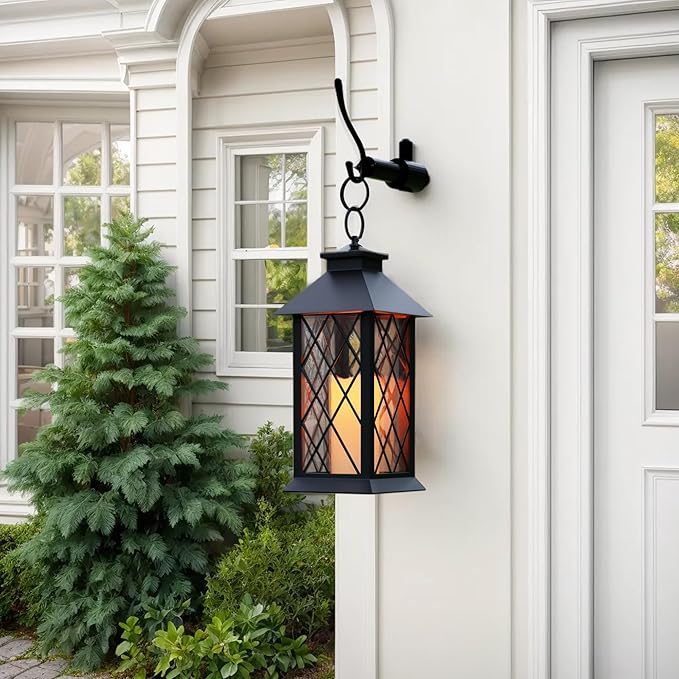 Christmas Lanterns Decorative Indoor, 2 Packs 14" Battery-Powered Waterproof Black LED Candle Lanterns with Timer for Patio & Outdoor, Vintage Hanging Lantern for Xmas Home Decorations, Diamond