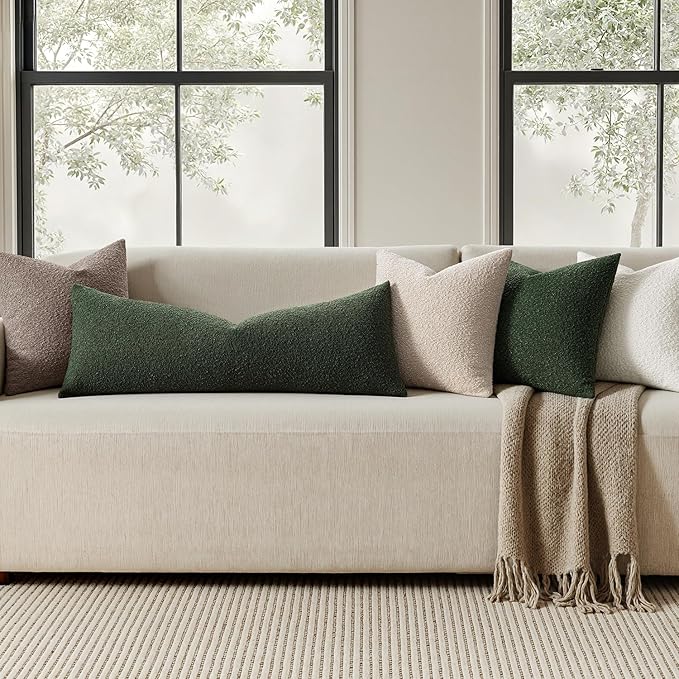 MIULEE Textured Boucle Throw Pillow Cover Christmas Dark Green Accent Solid Lumbar Pillow Case Decorative Soft Pack of 1 Couch Cushion Chair Sofa Bedroom Livingroom Home Decor,36x14 Inch