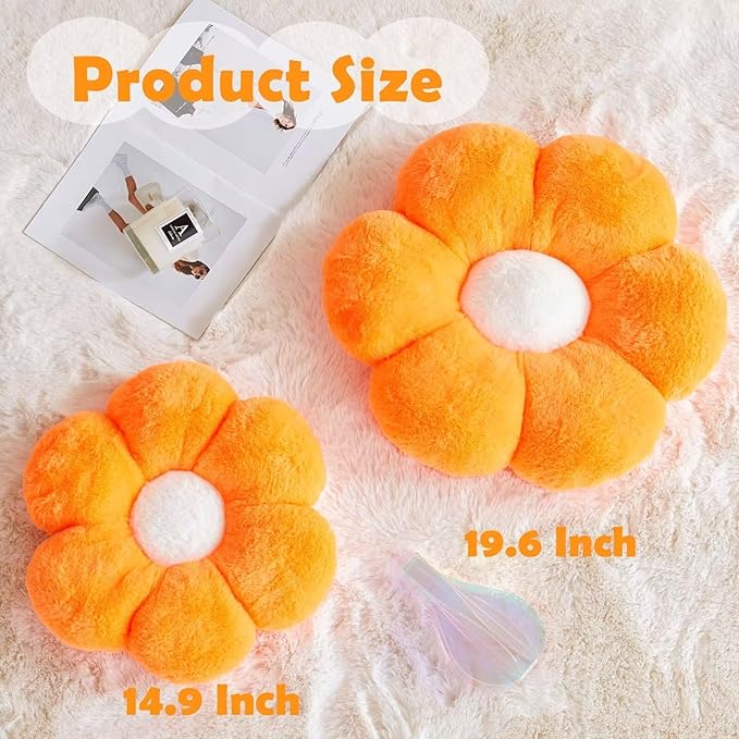 Orange Flower Pillow, Cute Decorative Flower Shaped Throw Pillow with Faux Rabbit Fur, 19.6" Soft Flower Plush Throw Pillow Floor Pillows Room Décor for Bedroom Living Room