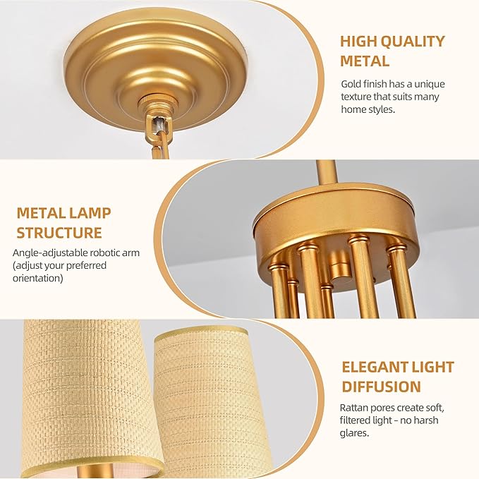 8-Light 39" Gold with Fabric Shades Chandelier Farmhouse Linear Island Lighting Fixture Large Adjustable Pendant Lighting Fixtures for Living Room Kitchen Island Dining Room