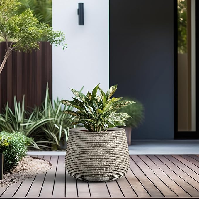 Kante 18.1" Dia Round Fluted Planter with Surface Indentations, Large Flower Pot with Drainage Hole for Indoor & Outdoor Plants, Weathered Concrete Finish with Aqua Blue Interior